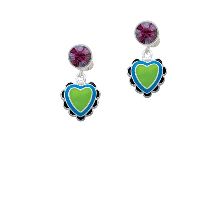 Lime Green and Hot Blue Heart with Black Ruffles Crystal Clip On Earrings Image 8