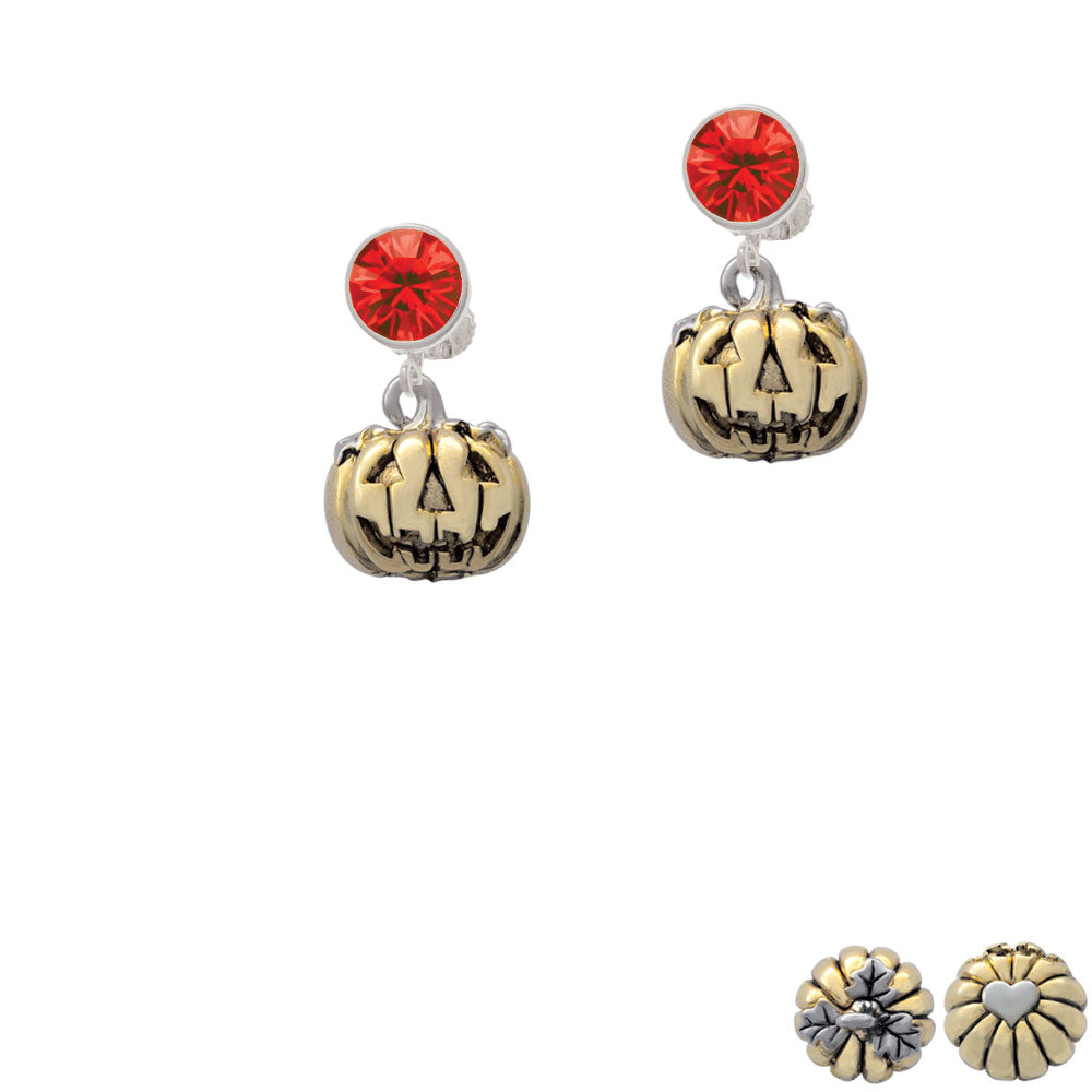 3-D Large Gold Tone Jack O Lantern with Leaves Crystal Clip On Earrings Image 4