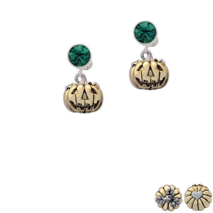 3-D Large Gold Tone Jack O Lantern with Leaves Crystal Clip On Earrings Image 6