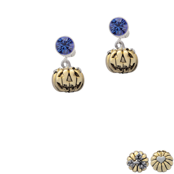 3-D Large Gold Tone Jack O Lantern with Leaves Crystal Clip On Earrings Image 7