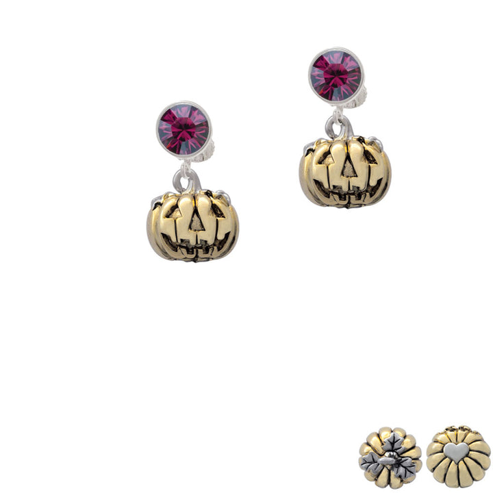 3-D Large Gold Tone Jack O Lantern with Leaves Crystal Clip On Earrings Image 8