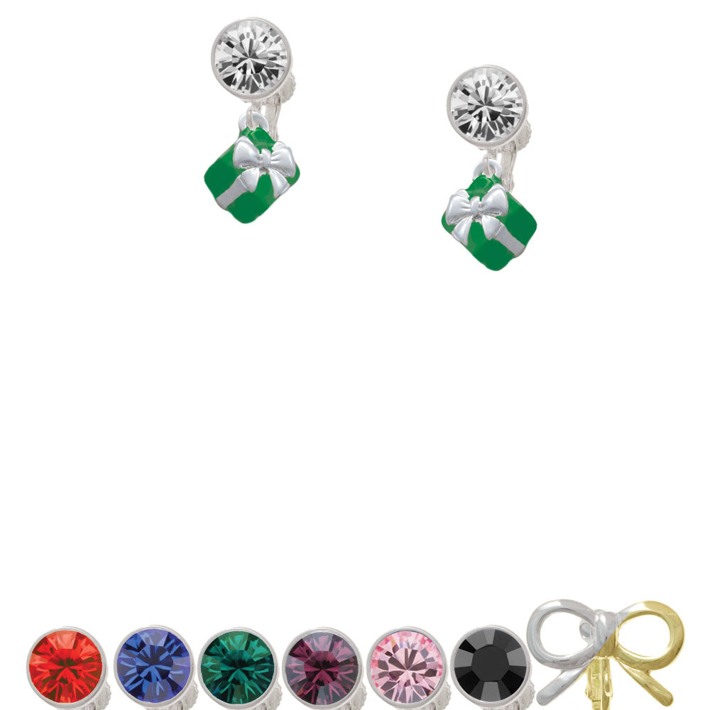 Small 3-D Green Present with Bow Crystal Clip On Earrings Image 1