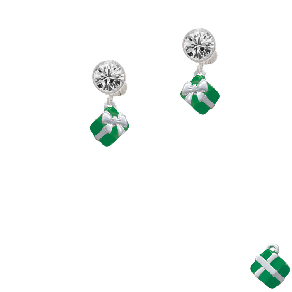 Small 3-D Green Present with Bow Crystal Clip On Earrings Image 2