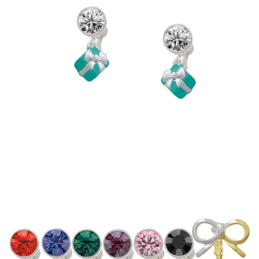 Small 3-D Teal Present with Bow Crystal Clip On Earrings Image 1