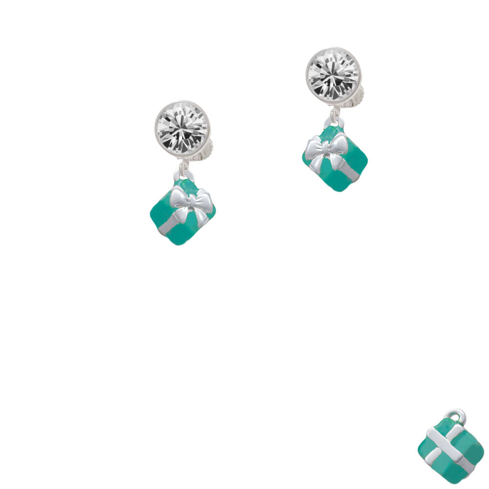 Small 3-D Teal Present with Bow Crystal Clip On Earrings Image 2