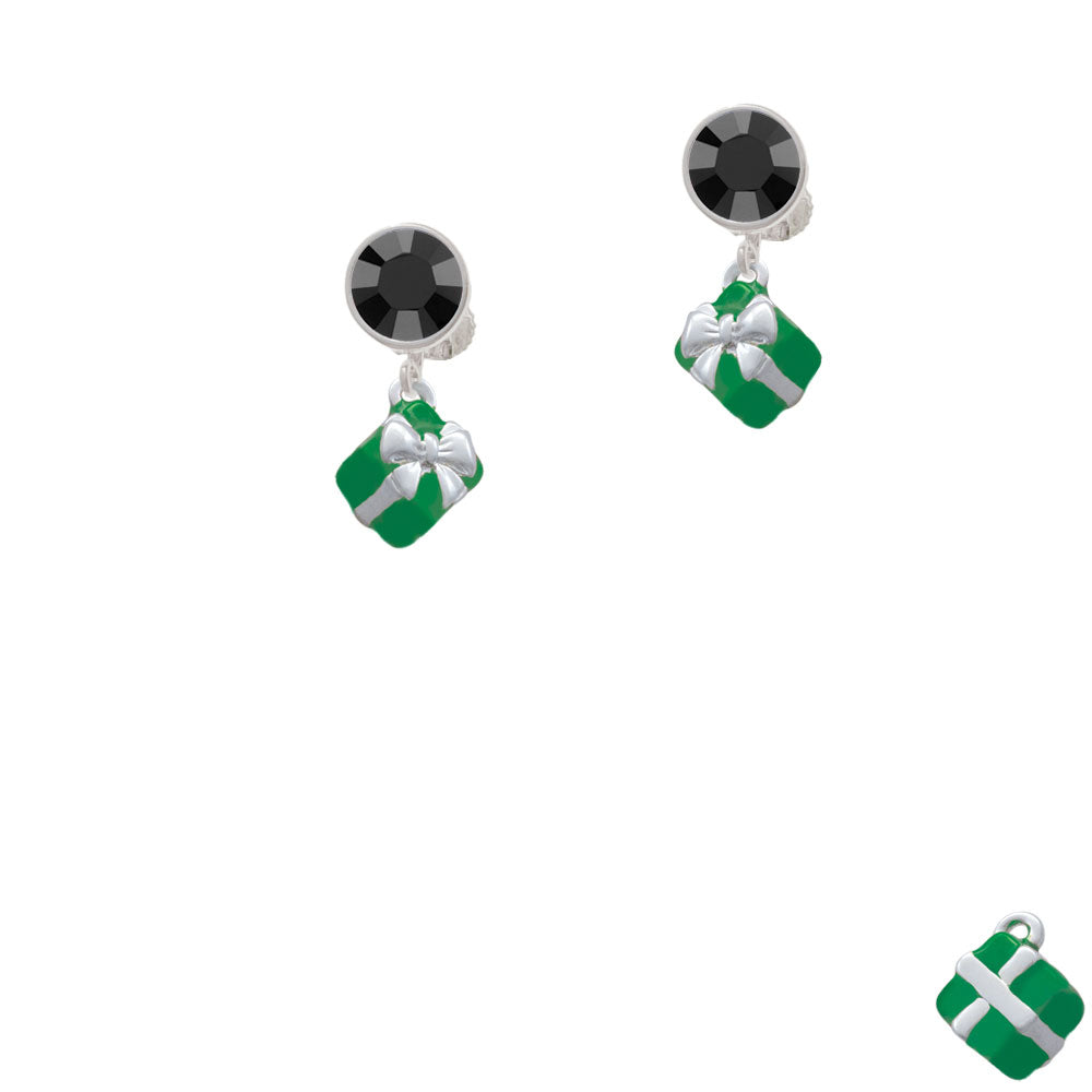 Small 3-D Green Present with Bow Crystal Clip On Earrings Image 3