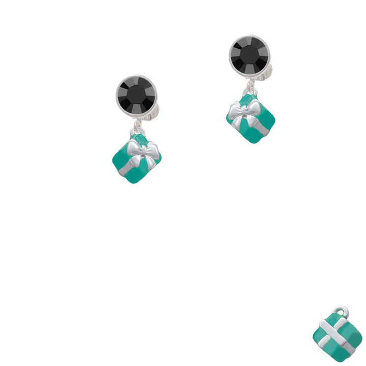 Small 3-D Teal Present with Bow Crystal Clip On Earrings Image 3