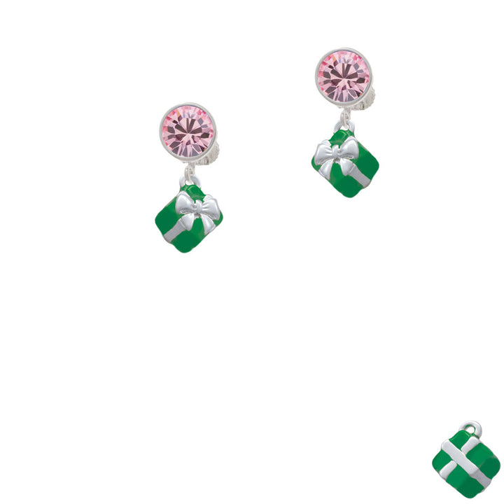 Small 3-D Green Present with Bow Crystal Clip On Earrings Image 4