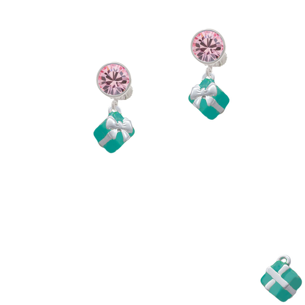 Small 3-D Teal Present with Bow Crystal Clip On Earrings Image 4