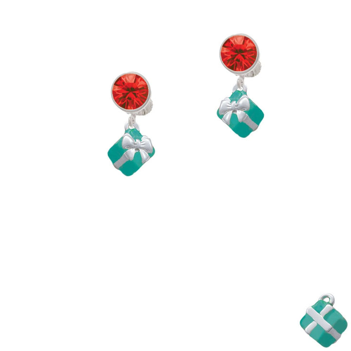 Small 3-D Teal Present with Bow Crystal Clip On Earrings Image 4