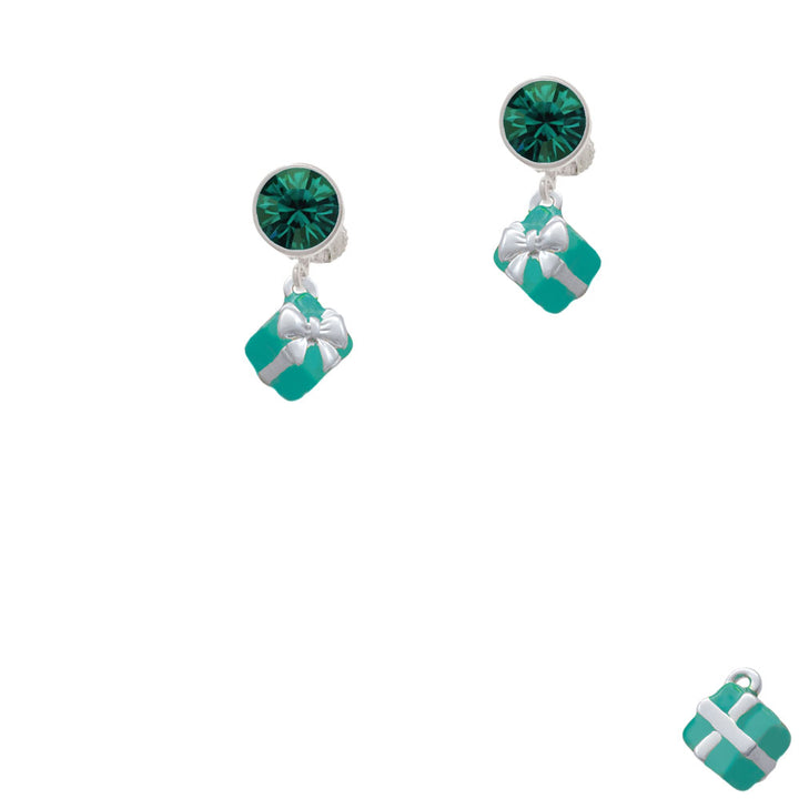 Small 3-D Teal Present with Bow Crystal Clip On Earrings Image 6