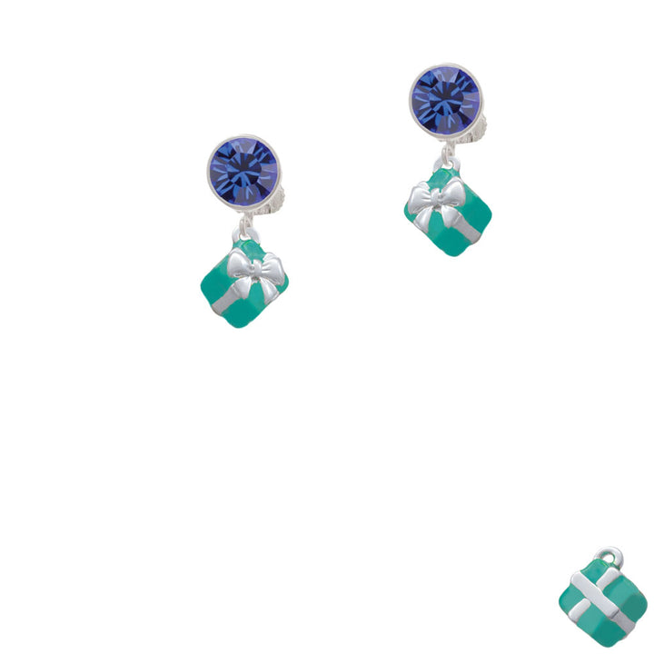 Small 3-D Teal Present with Bow Crystal Clip On Earrings Image 7