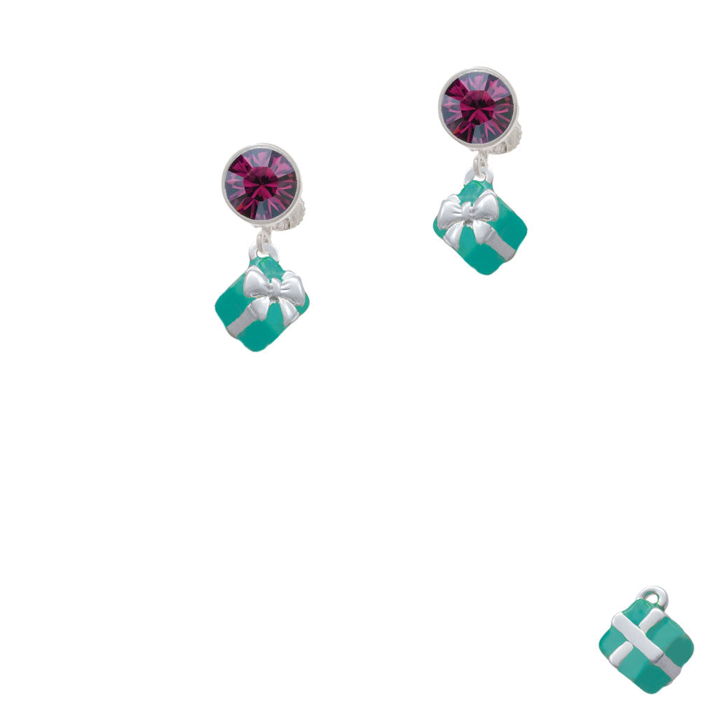 Small 3-D Teal Present with Bow Crystal Clip On Earrings Image 8