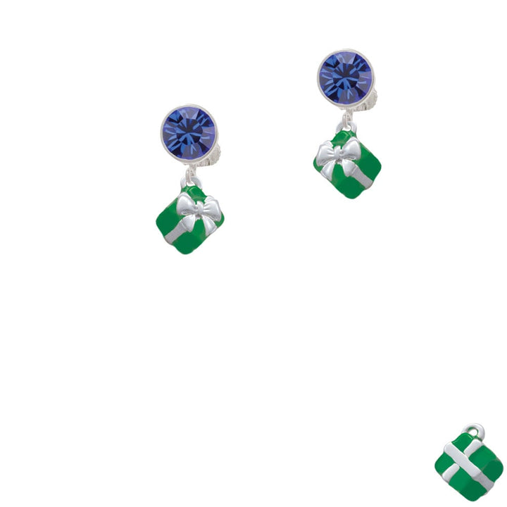 Small 3-D Green Present with Bow Crystal Clip On Earrings Image 1