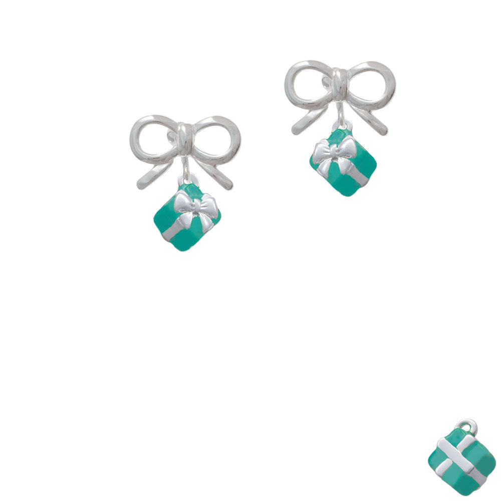 Small 3-D Teal Present with Bow Crystal Clip On Earrings Image 9