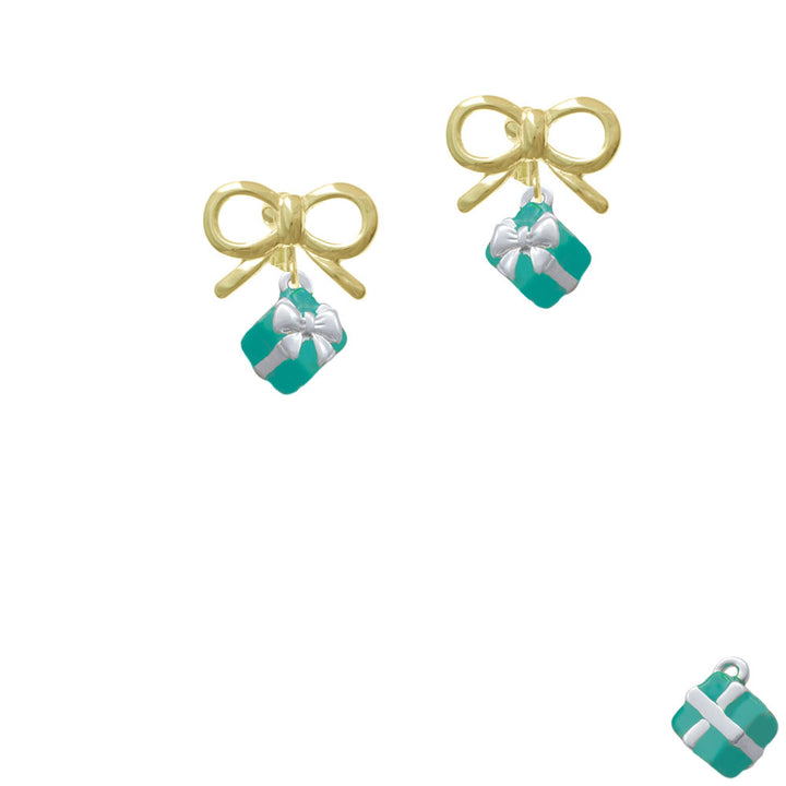 Small 3-D Teal Present with Bow Crystal Clip On Earrings Image 10