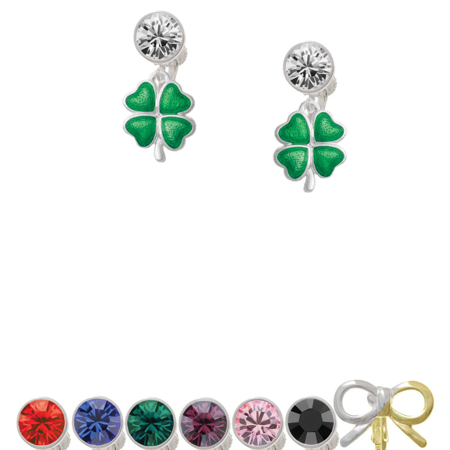 Translucent Green Lucky Four Leaf Clover Crystal Clip On Earrings Image 1