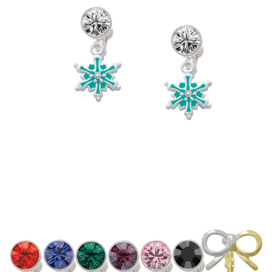 Teal Snowflake with Clear Crystal Crystal Clip On Earrings Image 1