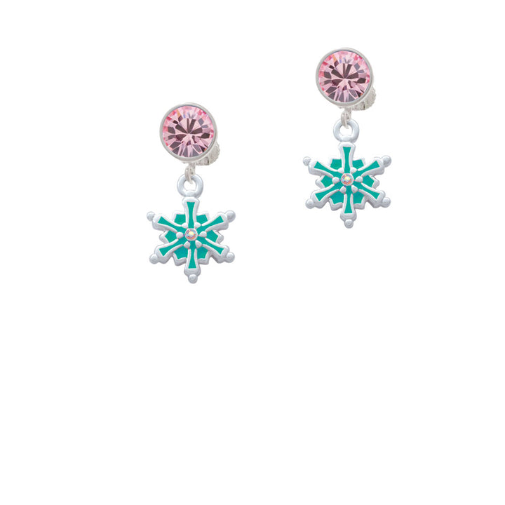 Teal Snowflake with Clear Crystal Crystal Clip On Earrings Image 4