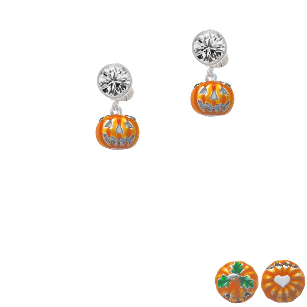 Small Orange Jack OLantern with Stem Crystal Clip On Earrings Image 2