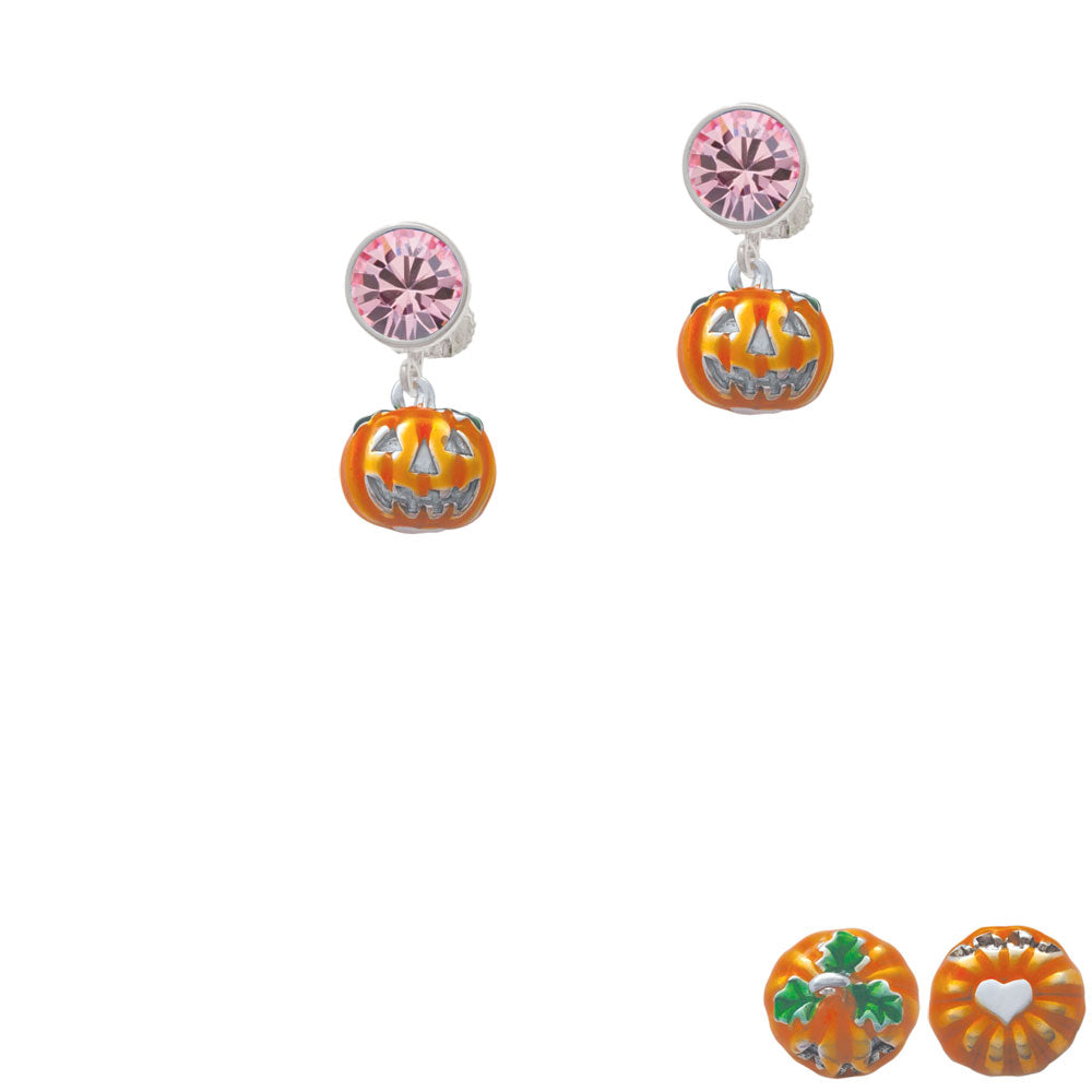 Small Orange Jack OLantern with Stem Crystal Clip On Earrings Image 4