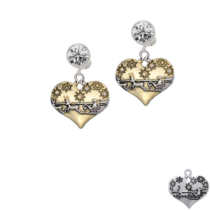 Large Flying Santa on Gold Tone Heart Crystal Clip On Earrings Image 2