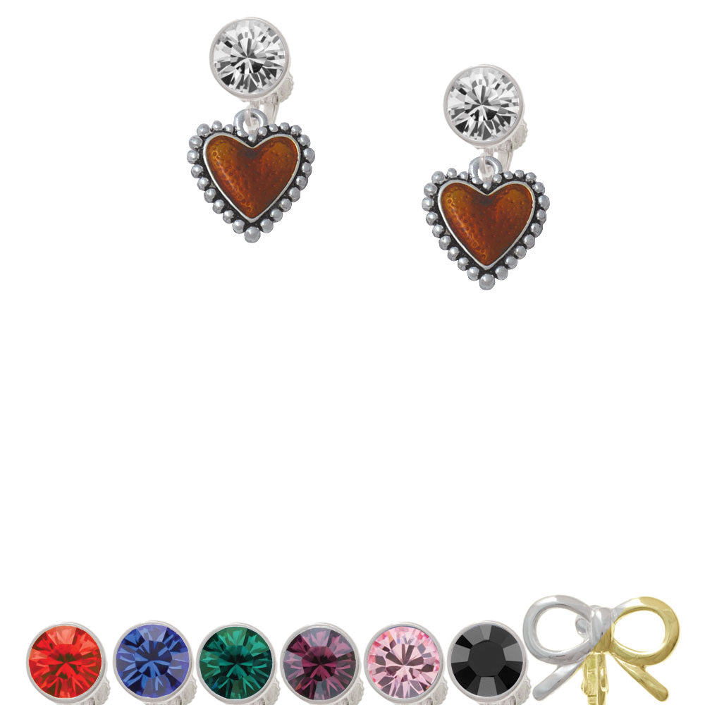 Translucent Brown Heart with Beaded Border Crystal Clip On Earrings Image 1