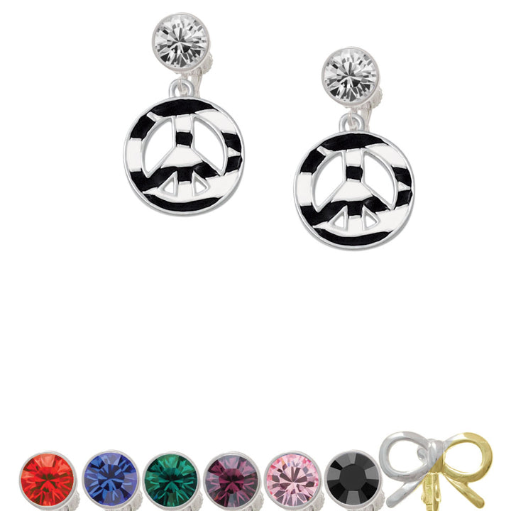 Large Zebra Print Peace Sign Crystal Clip On Earrings Image 1