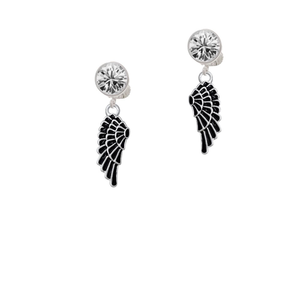 Medium Black Enamel Angel Wing Crystal Clip On Earrings Image 1