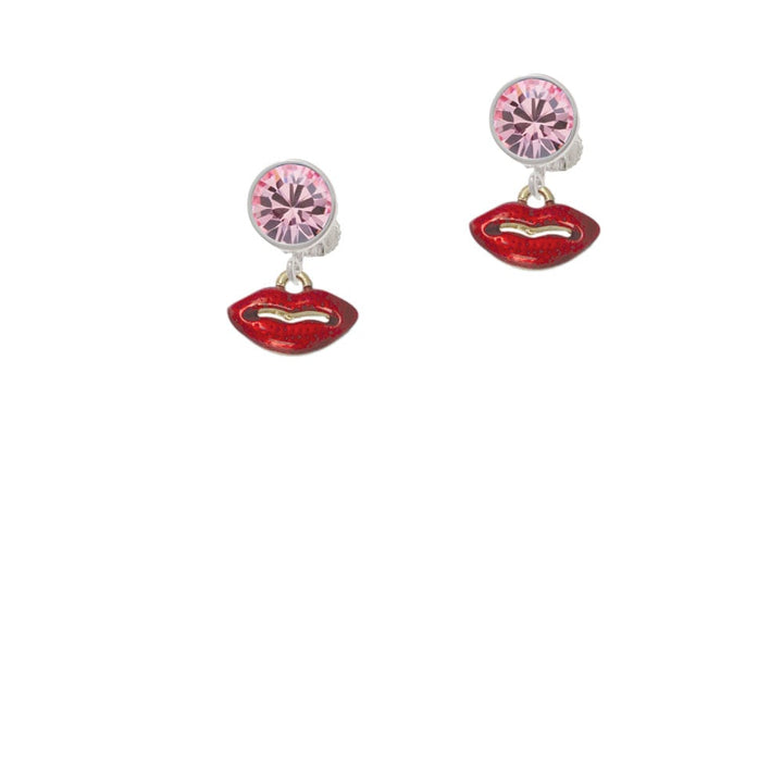 Small Gold Tone Translucent Red Lips Crystal Clip On Earrings Image 1