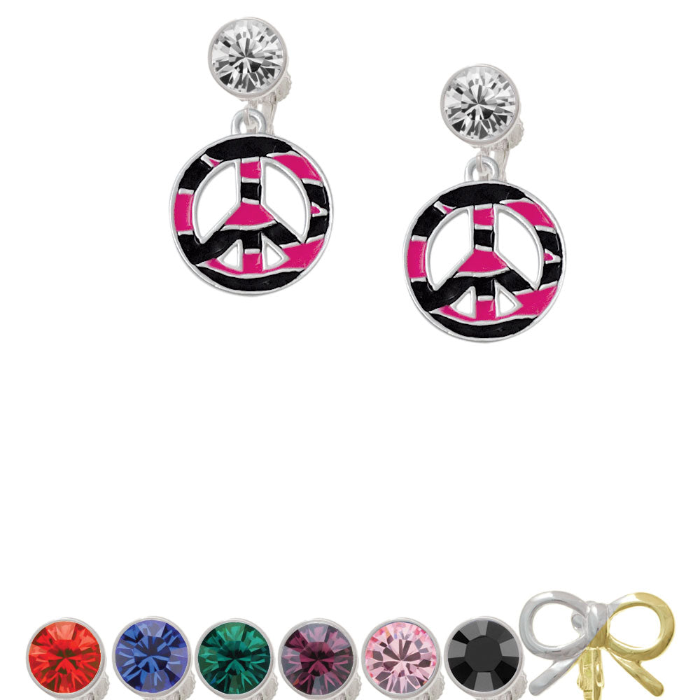 Large Hot Pink Tiger Print Peace Sign Crystal Clip On Earrings Image 1