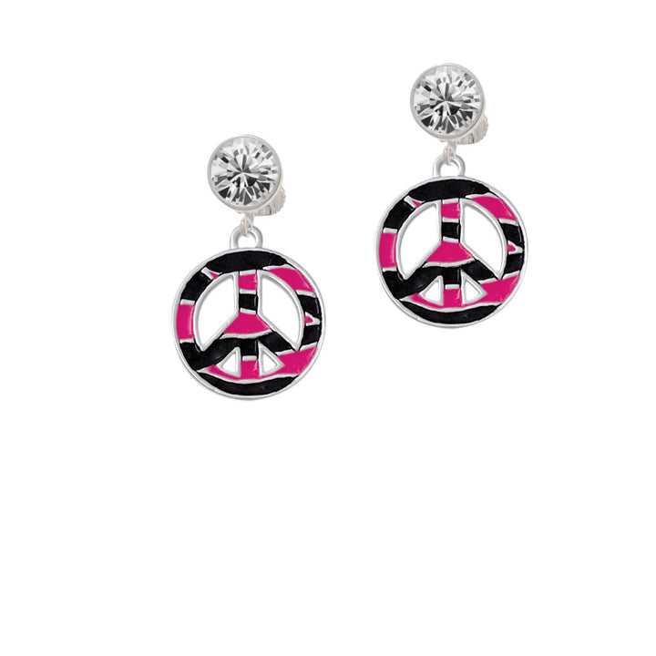 Large Hot Pink Tiger Print Peace Sign Crystal Clip On Earrings Image 2