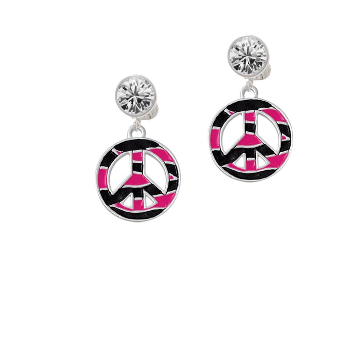 Large Hot Pink Tiger Print Peace Sign Crystal Clip On Earrings Image 1