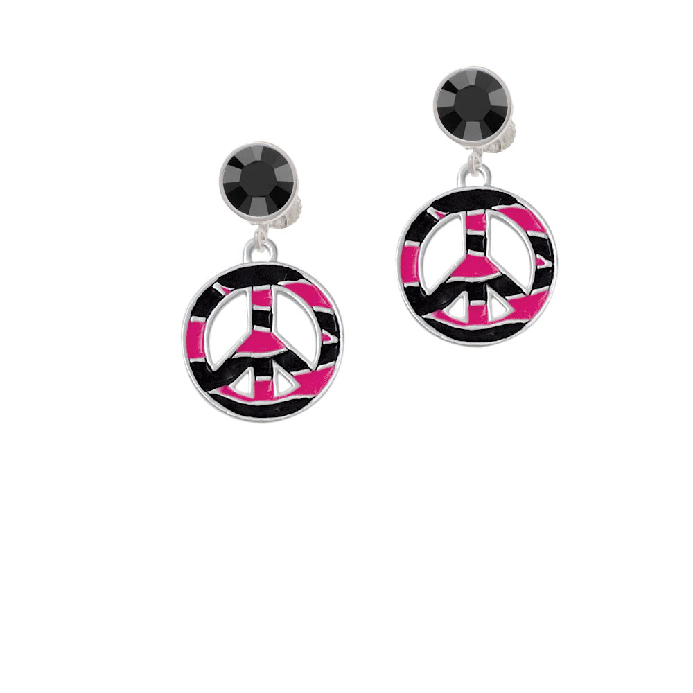 Large Hot Pink Tiger Print Peace Sign Crystal Clip On Earrings Image 3