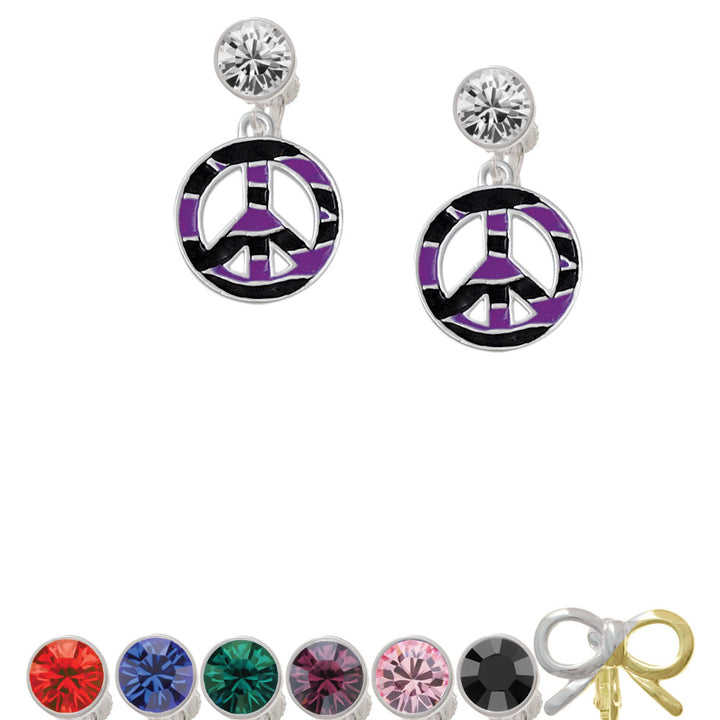 Large Purple Tiger Print Peace Sign Crystal Clip On Earrings Image 1