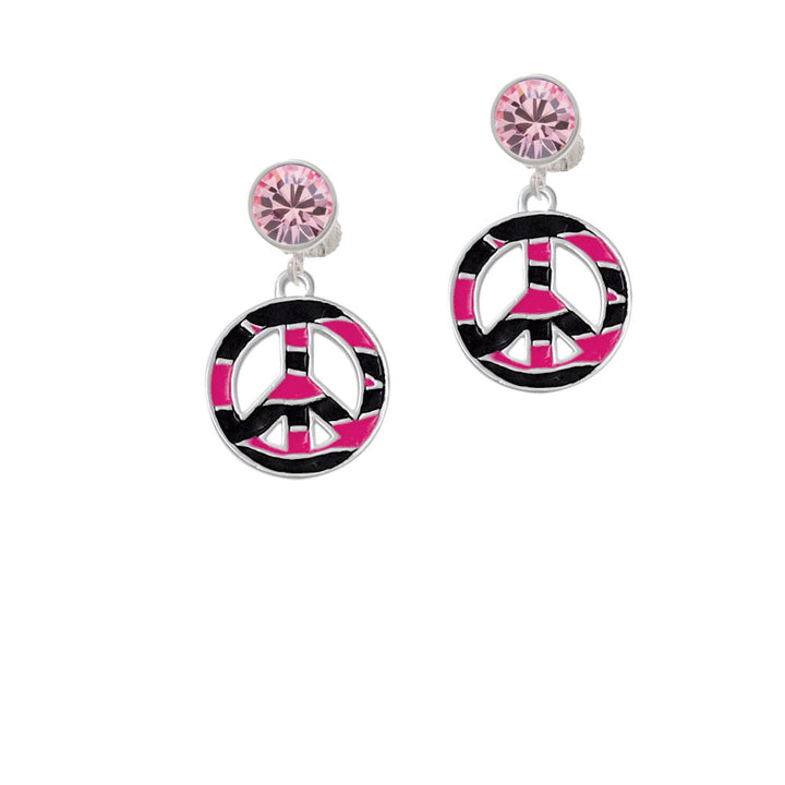 Large Hot Pink Tiger Print Peace Sign Crystal Clip On Earrings Image 4