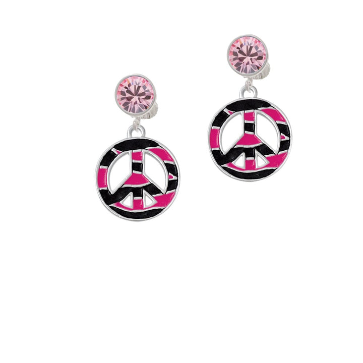 Large Hot Pink Tiger Print Peace Sign Crystal Clip On Earrings Image 1