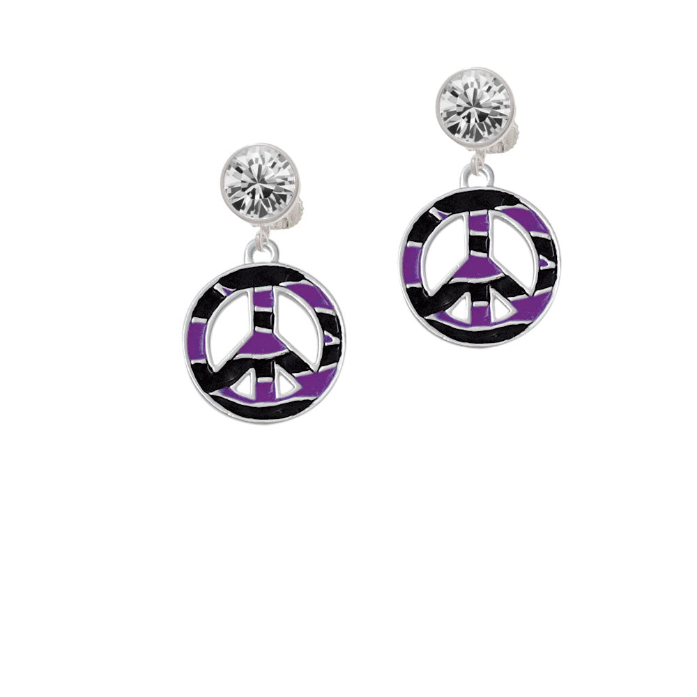 Large Purple Tiger Print Peace Sign Crystal Clip On Earrings Image 2