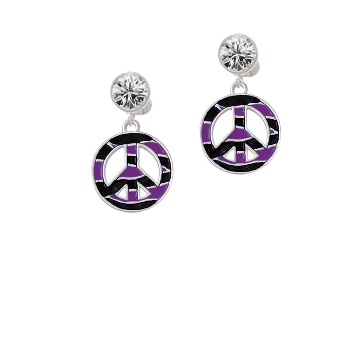 Large Purple Tiger Print Peace Sign Crystal Clip On Earrings Image 1