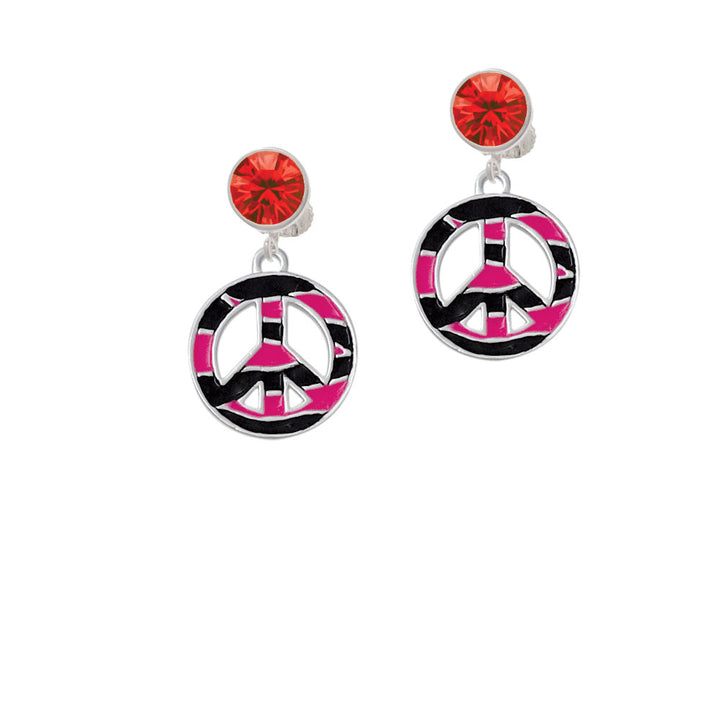 Large Hot Pink Tiger Print Peace Sign Crystal Clip On Earrings Image 4