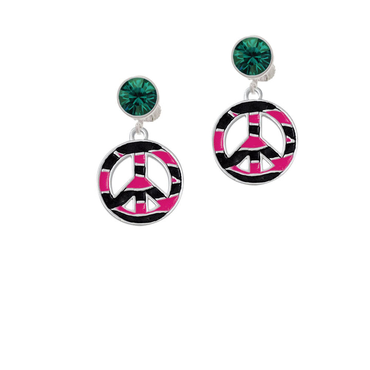 Large Hot Pink Tiger Print Peace Sign Crystal Clip On Earrings Image 6