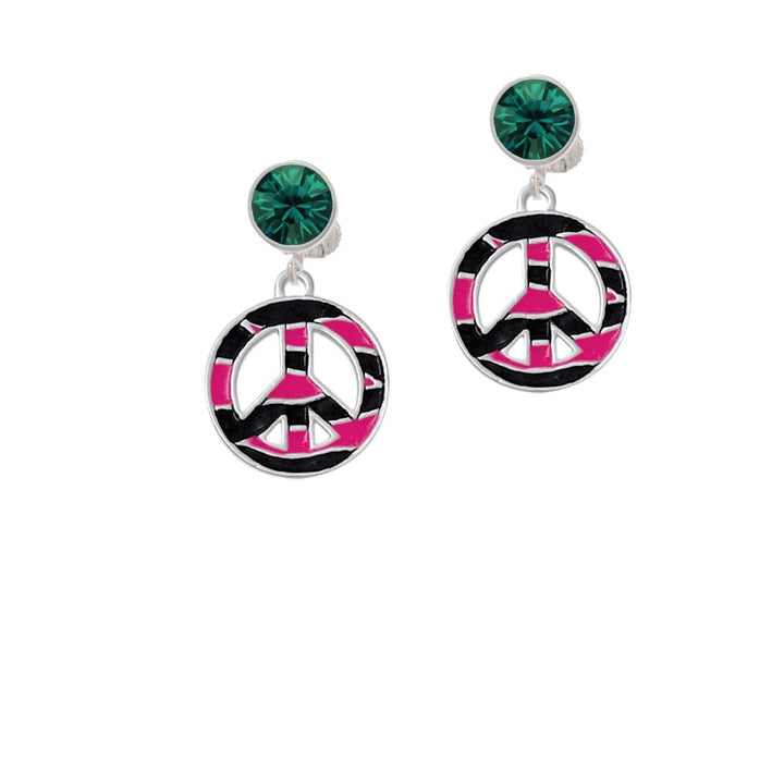 Large Hot Pink Tiger Print Peace Sign Crystal Clip On Earrings Image 1