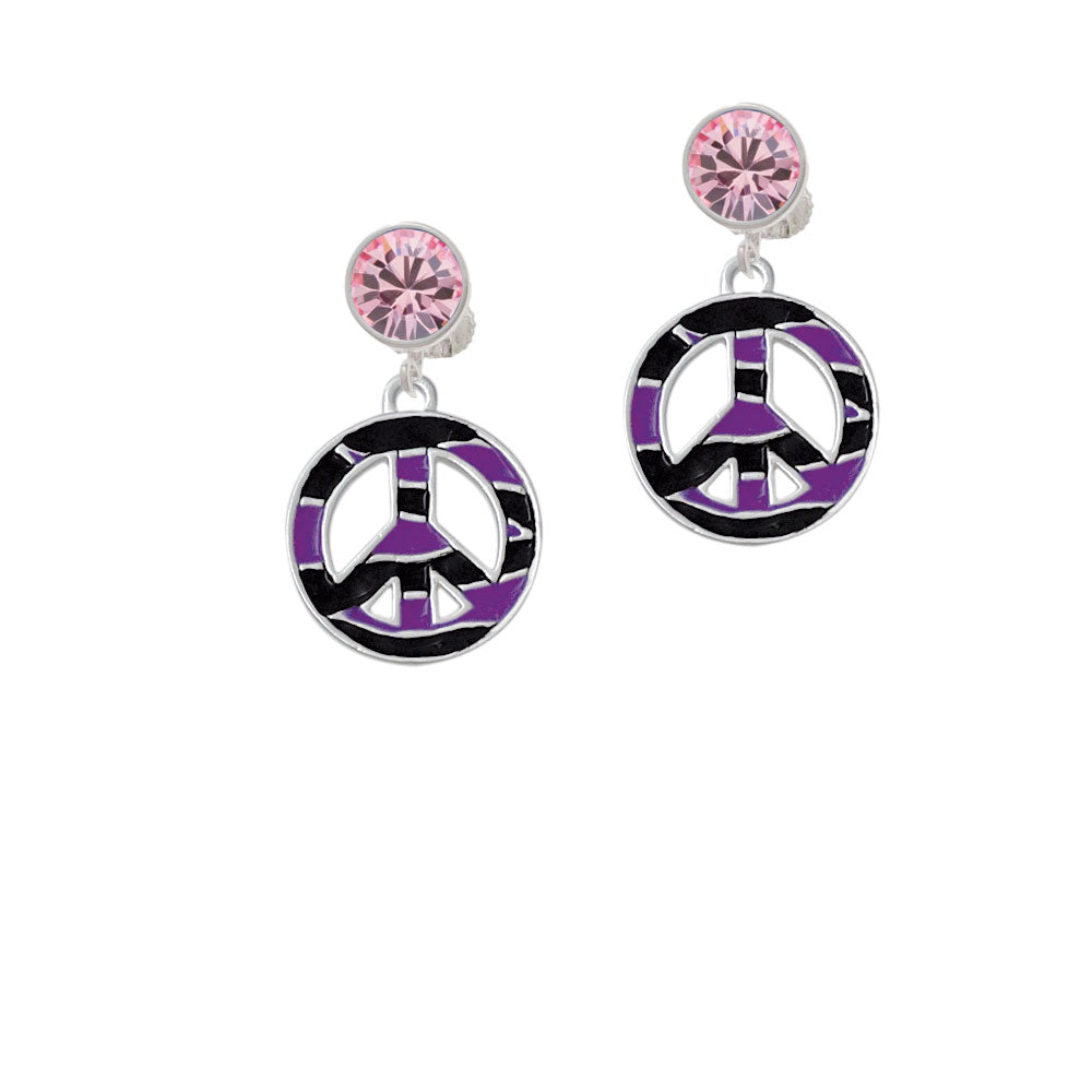 Large Purple Tiger Print Peace Sign Crystal Clip On Earrings Image 4