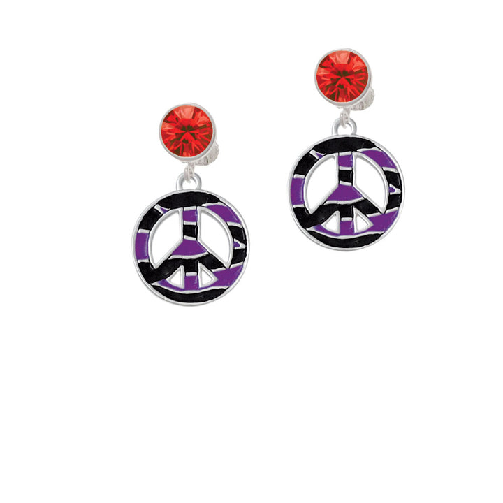 Large Purple Tiger Print Peace Sign Crystal Clip On Earrings Image 4