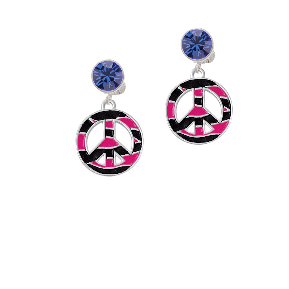 Large Hot Pink Tiger Print Peace Sign Crystal Clip On Earrings Image 7