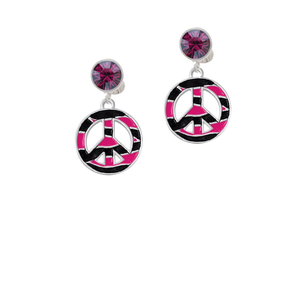 Large Hot Pink Tiger Print Peace Sign Crystal Clip On Earrings Image 8