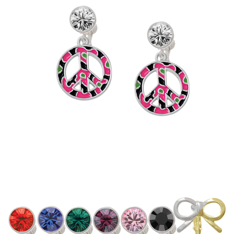 Large Hot Pink Cheetah Print Peace Sign Crystal Clip On Earrings Image 1