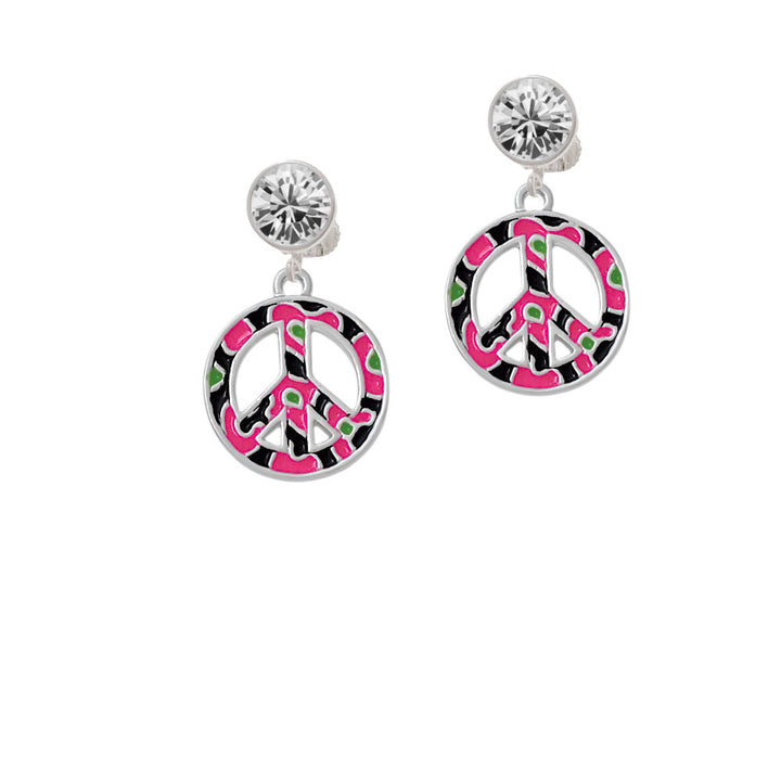 Large Hot Pink Cheetah Print Peace Sign Crystal Clip On Earrings Image 2