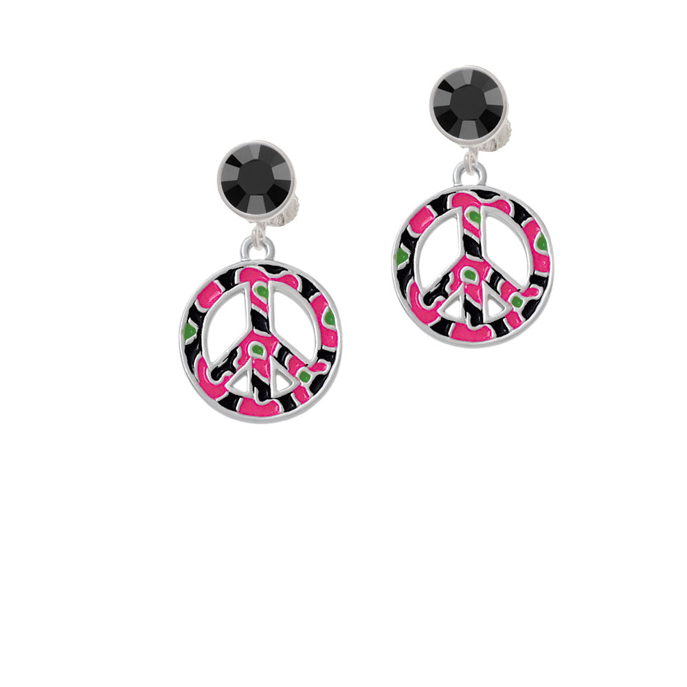 Large Hot Pink Cheetah Print Peace Sign Crystal Clip On Earrings Image 3