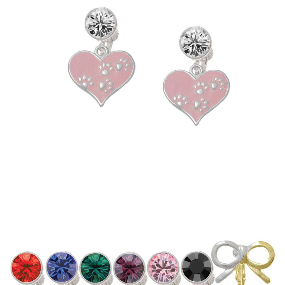 Pink Enamel Heart with Paw Prints Crystal Clip On Earrings Image 1